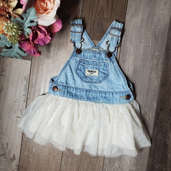 OshKosh B'gosh Denim Overall Dress with Cream and Gold Polka Dot Tutu Skirt 6m - Picture 15 of 16
